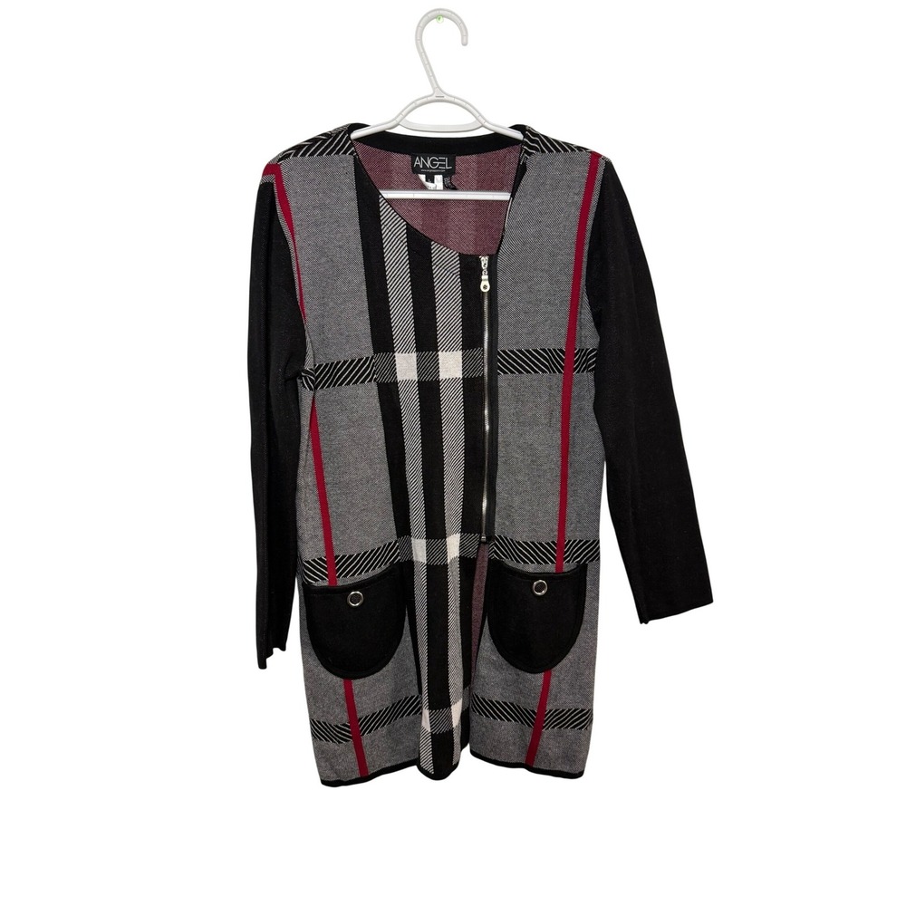 ANGEL Plaid‎ Full Zip Asymmetrical Cardigan Sweater Womens Large Lagenlook